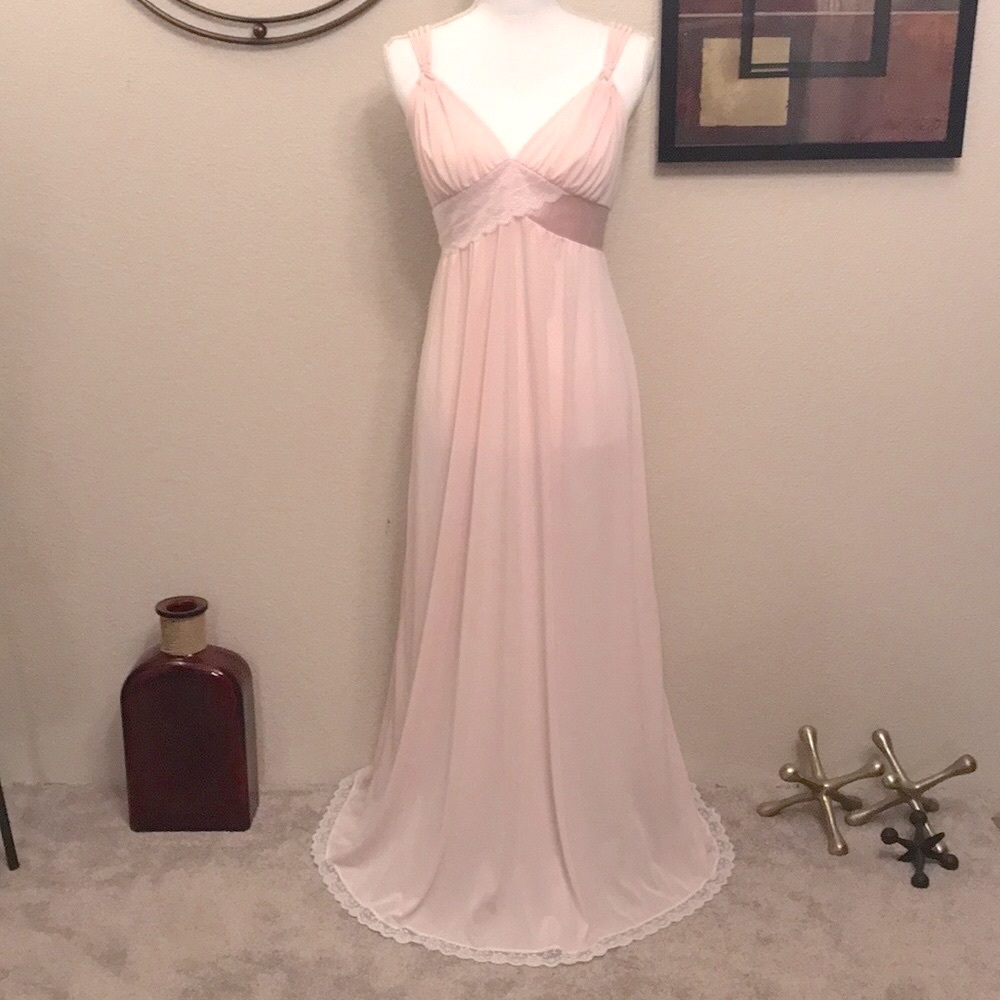Vintage Shadowline Pink Long Full Length Maxi Nightgown Full Slip Dress Lingerie